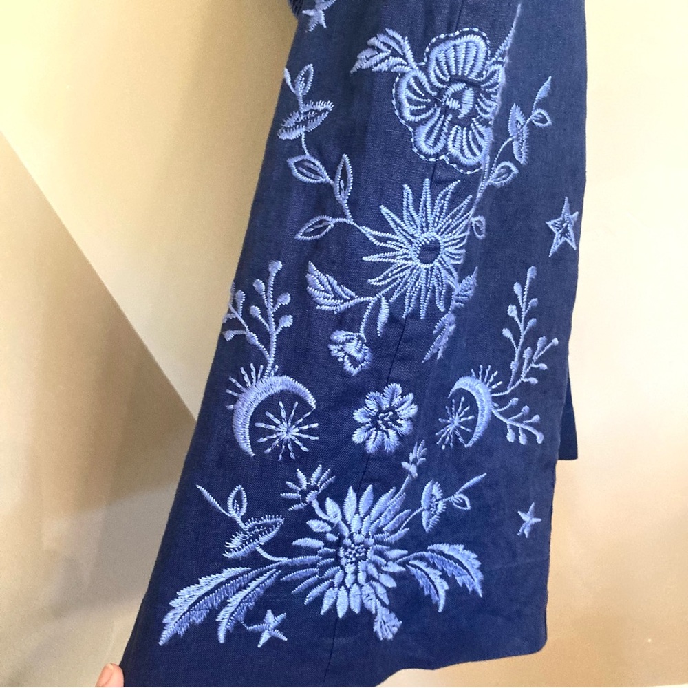 NEW Johnny Was Oleander Wide Leg Cropped Pants Tonal Embroidery Linen Blue S - Picture 9 of 15
